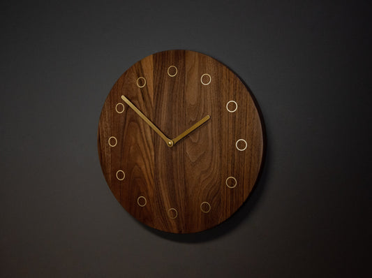 hickory wooden clock solstice with brass clock hands and accents